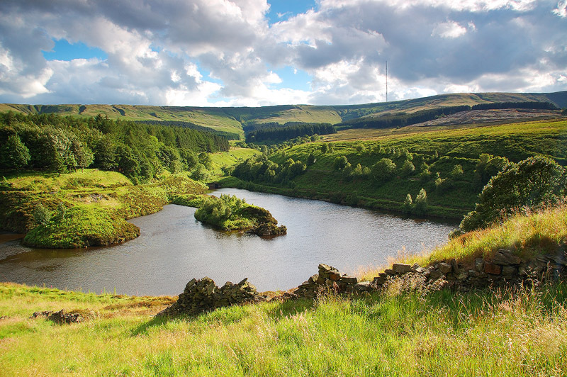 Ramsden Reservoir looking to Holme Moss Yorkshire, UK