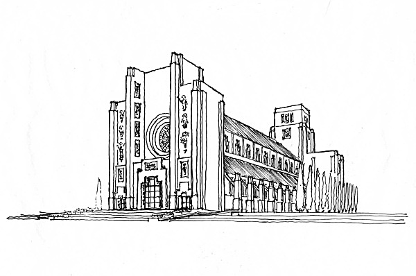 West Facade Sketch View - Theoretical Modern Basilica