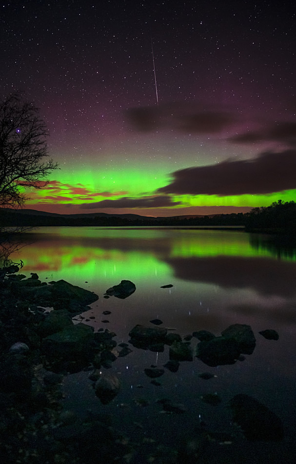 Highland aurora and meteor, Loch Kinord - Scottish Aurora