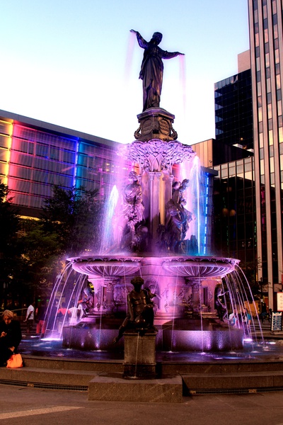 Fountain Square Statue in Purple - Architecture and Night Skyline