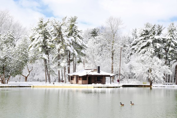 Pearson Park Shelter after Snow - Snow in April!