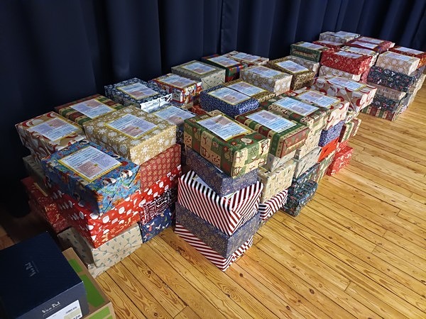 182 boxes wrapped & ready for collection. - 'Link To Hope' Christmas boxes