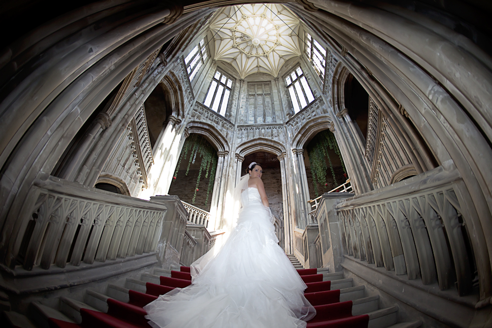 Bride on stairs at Margam Orangery - Wedding Photography at Margam Orangery