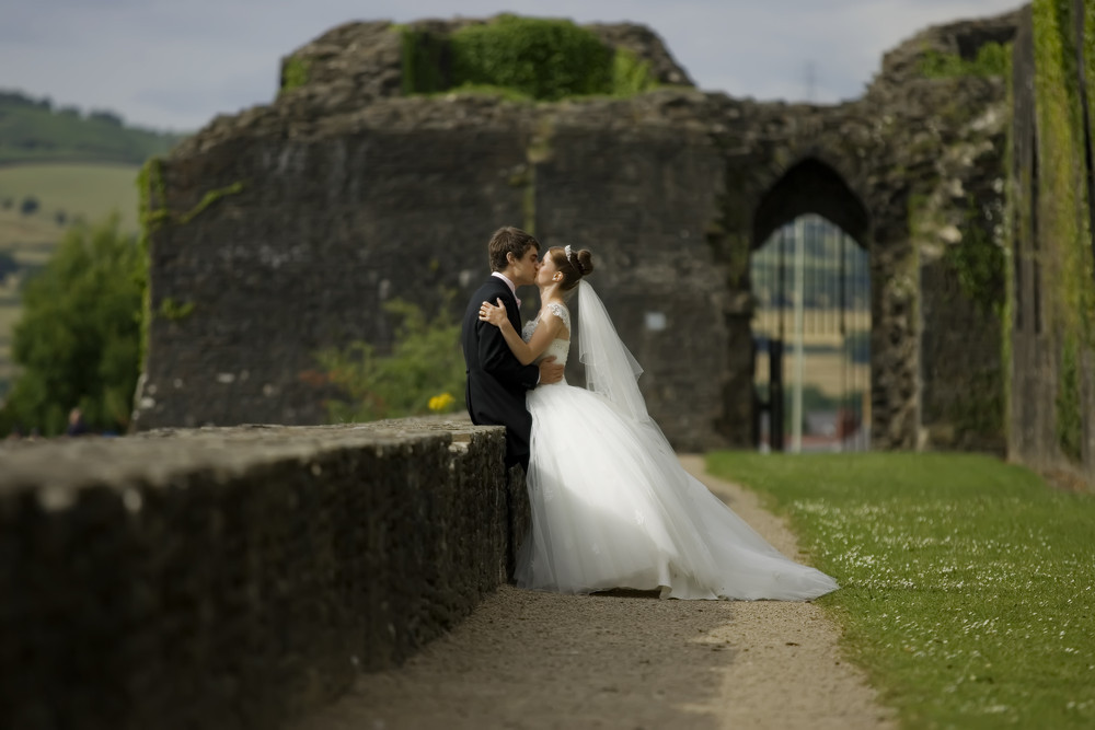 Bride and Groom at Caerphilly Castle - Wedding Photography at Caerphilly Castle