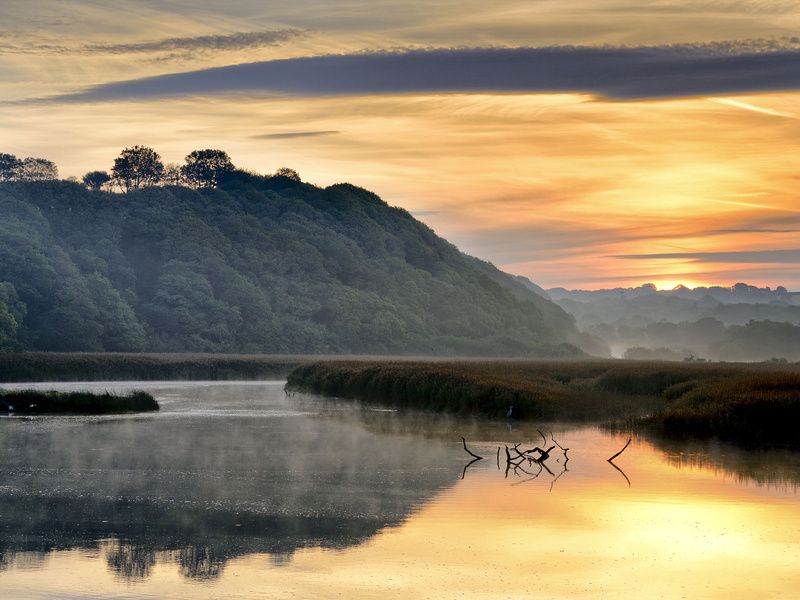 Newport Estuary Sunrise with Heron Pembrokeshire - Newport Pembrokeshire