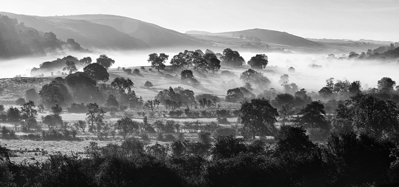 Longnor Staffordshire Autmn Mist - Black and White