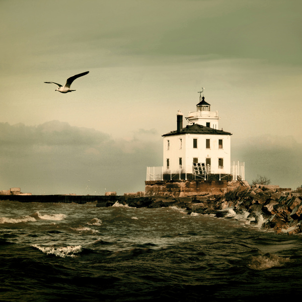lighthouse with breaking waves [vintage] - COASTAL [Vintage]