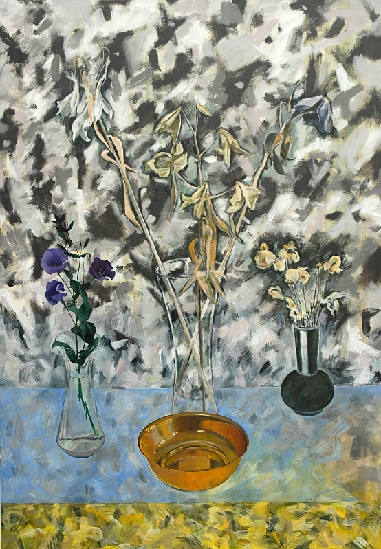 Three Vases and Bowl   Oil  42in x 60in - Flower Paintings
