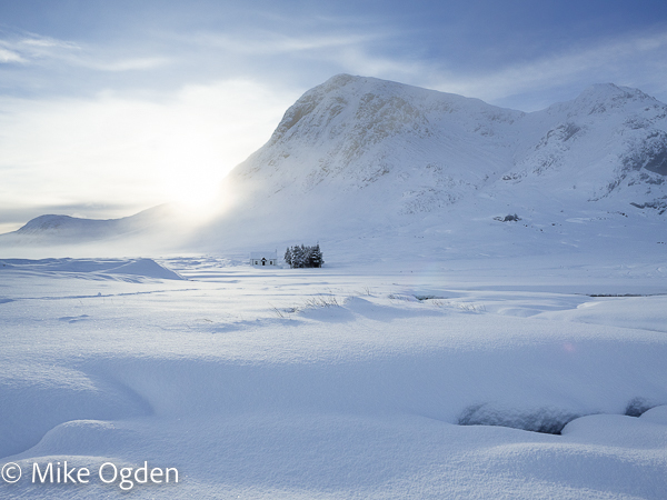 Buachaille Etive Mor and Langarabh Hut in snow - Glencoe & Rannoch Moor